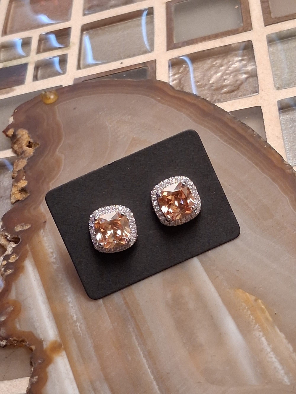 Champagne Cushion Halo Stud Earrings for Women